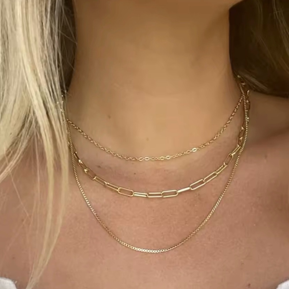 Vintage 18K Gold Plated Paperclip Box Chain Layered Necklace - Picture 5 of 5